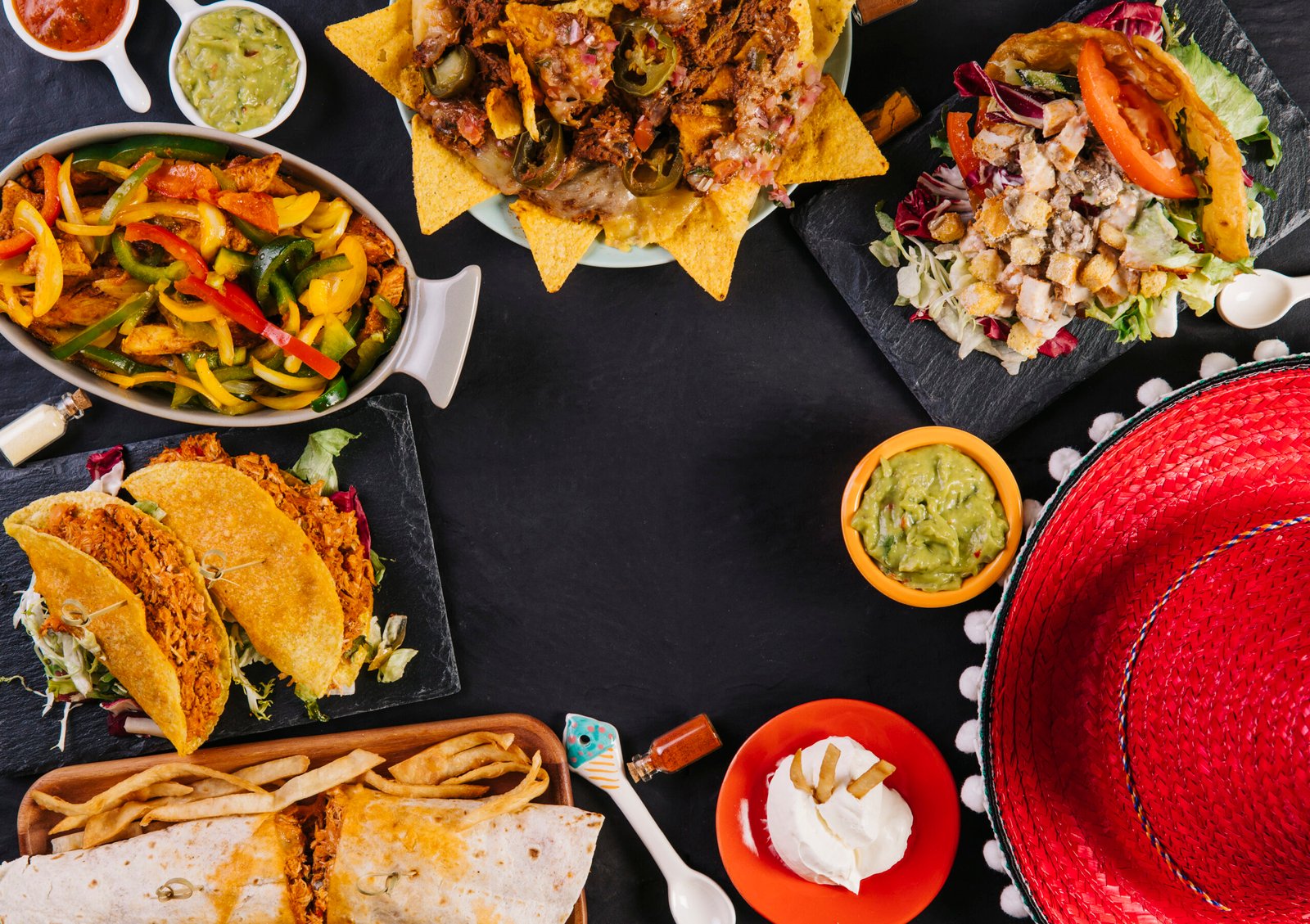 Mesa com pratos típicos da culinária mexicana, incluindo tacos, nachos e guacamole.