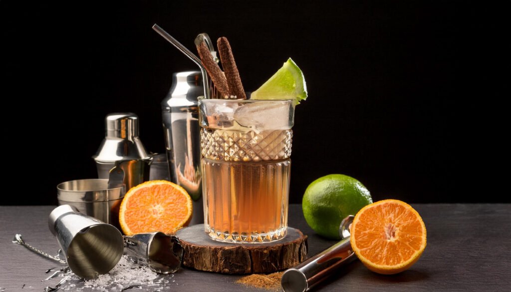 Coquetel clássico com laranja, limão e utensílios de bartender