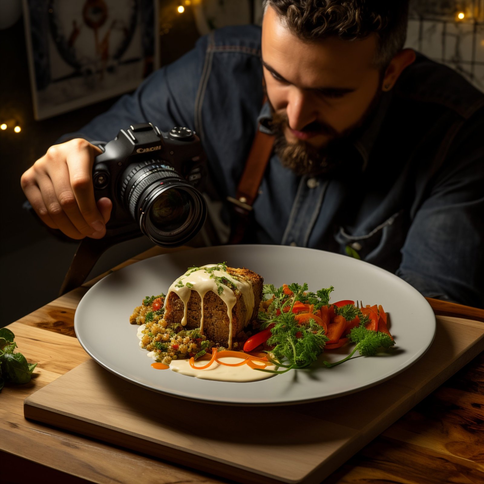 Fotógrafo tirando foto de um prato gourmet com carne, vegetais frescos e molho decorativo.