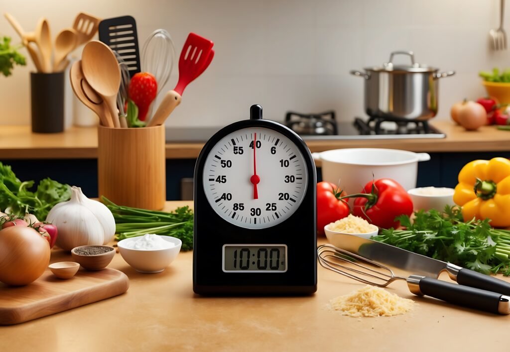 Cronômetro de cozinha em uma bancada com ingredientes frescos ao fundo, representando o controle de tempo e temperatura na culinária.