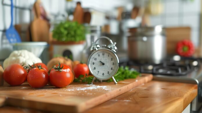 Relógio de cozinha ao lado de tomates frescos em uma tábua de madeira, representando o controle de tempo e temperatura na culinária.