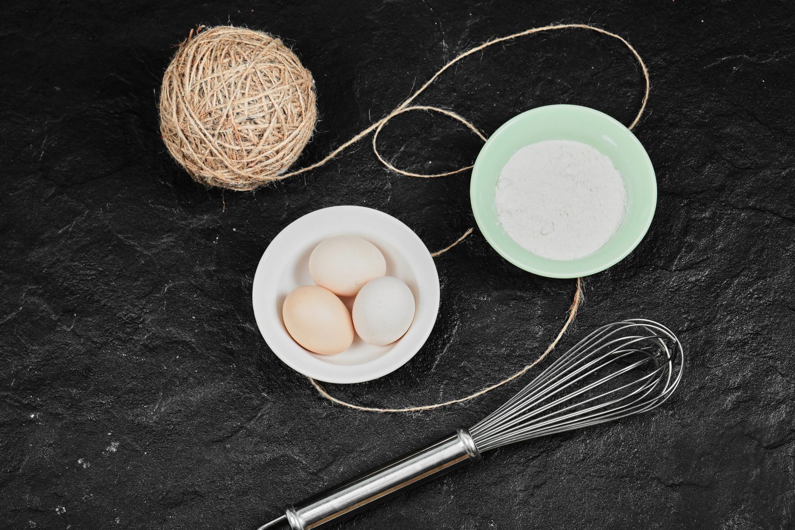 Ovos, farinha e batedor de arame sobre uma superfície preta com fio de sisal ao fundo.