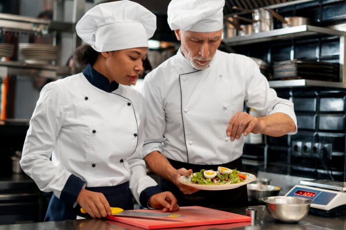 Chefs profissionais finalizando um prato em uma cozinha profissional.