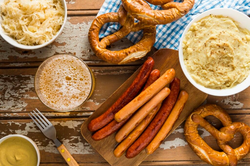 Mesa com pratos clássicos da cozinha alemã, incluindo salsichas, purê de batatas, pretzels e chucrute.