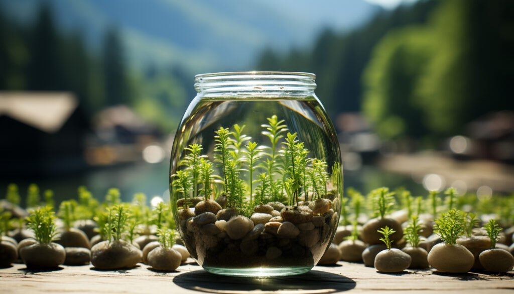 Pequenas plantas crescendo em um recipiente de vidro com água, cercadas por pedras, representando métodos naturais de preservação e sustentabilidade.