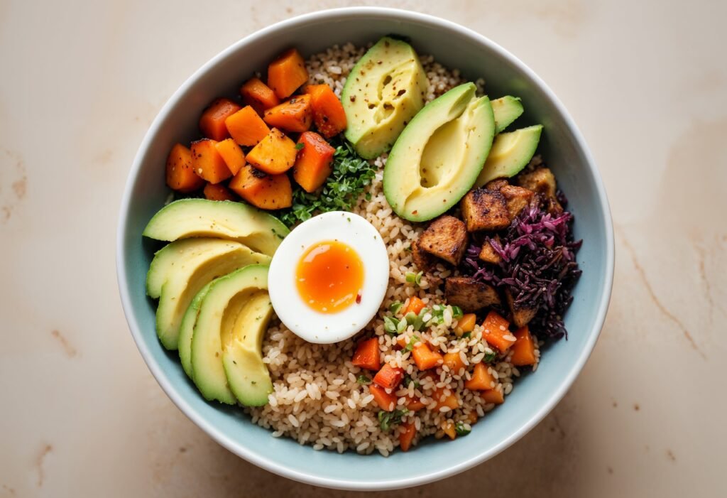 Bowl saudável com abacate, ovo cozido, legumes grelhados e arroz integral.