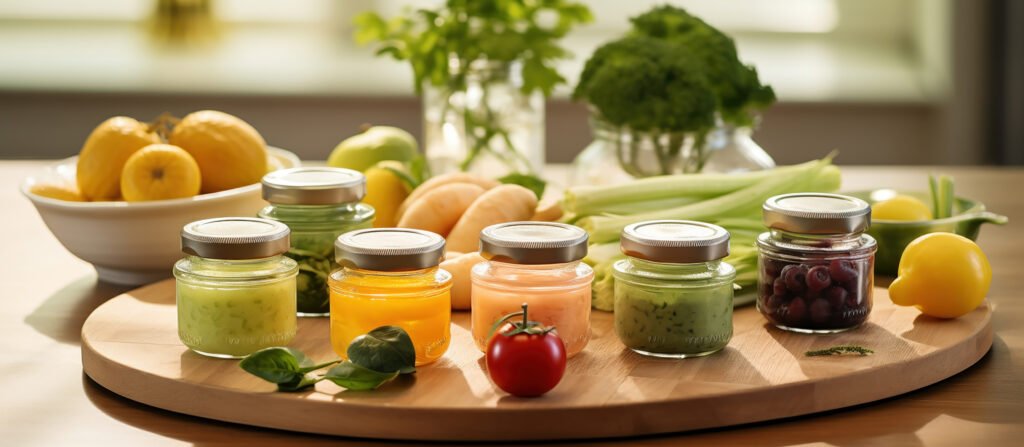 Potes de compotas caseiras coloridas com frutas e vegetais frescos ao fundo em uma cozinha ensolarada.