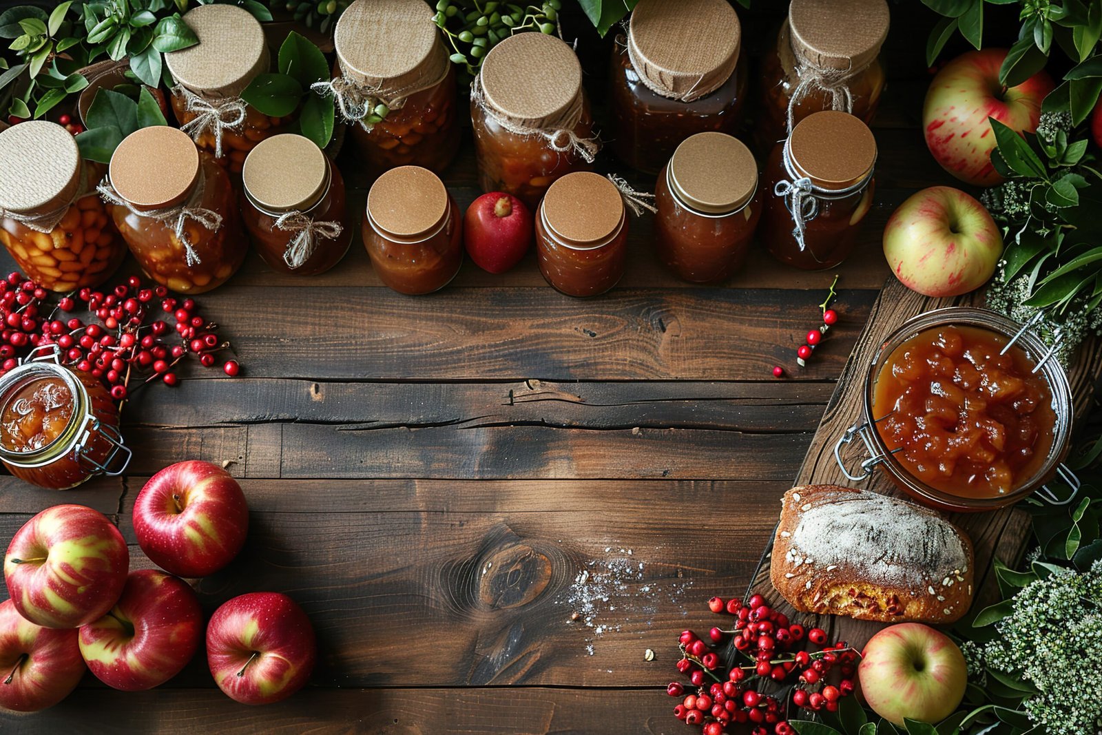 Compotas caseiras de frutas da estação em potes rústicos sobre uma mesa de madeira decorada com maçãs e pão artesanal.