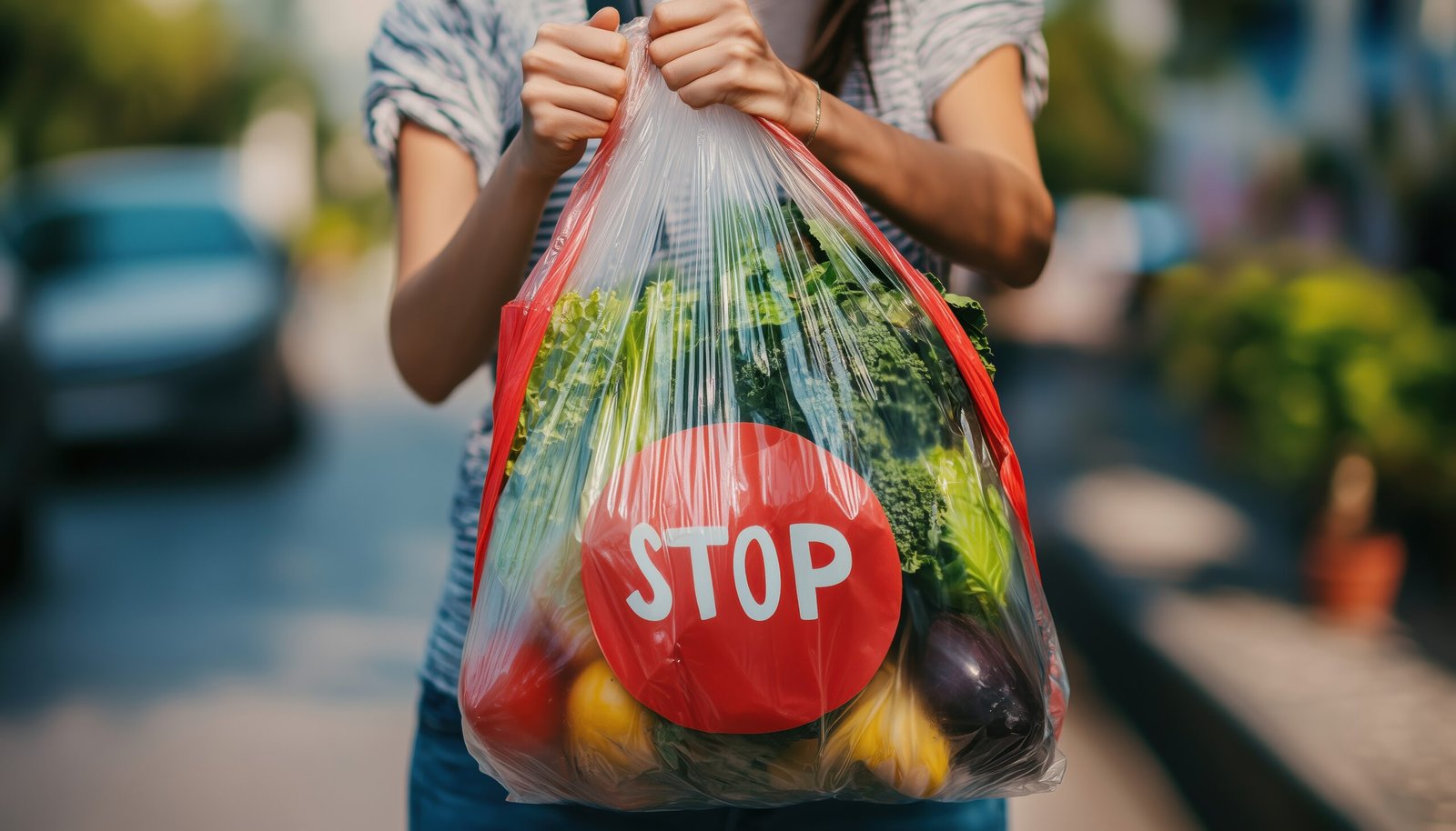 Mulher segurando saco plástico com vegetais frescos e etiqueta "STOP", representando a conscientização sobre métodos de preservação natural.